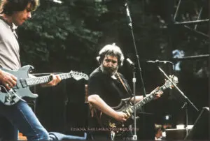 grateful dead lead guitarist jerry garcia with rhythm guitarist bob weir frost 1987